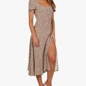 Midi Puff-Sleeve Square Neck Dress in Taupe Spot